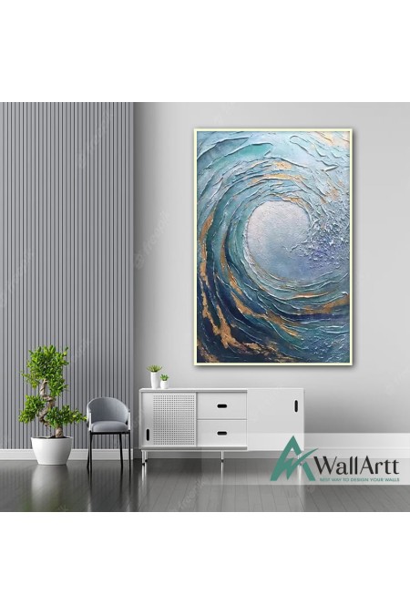 Abstract Gold Blue Wave 3d Heavy Textured Partial Oil Painting
